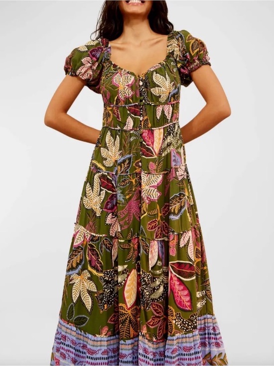 FARM Rio Dresses & Skirts - FARM Rio Olive Green Floral Tiered Maxi Dress with Pink & Purple Accents